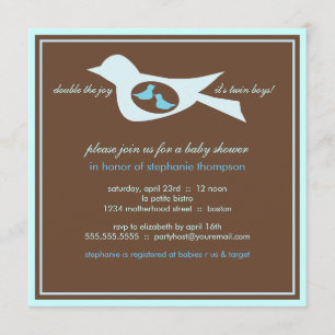 Baby Birdie Twin Boys Blue Baby Shower Invitation