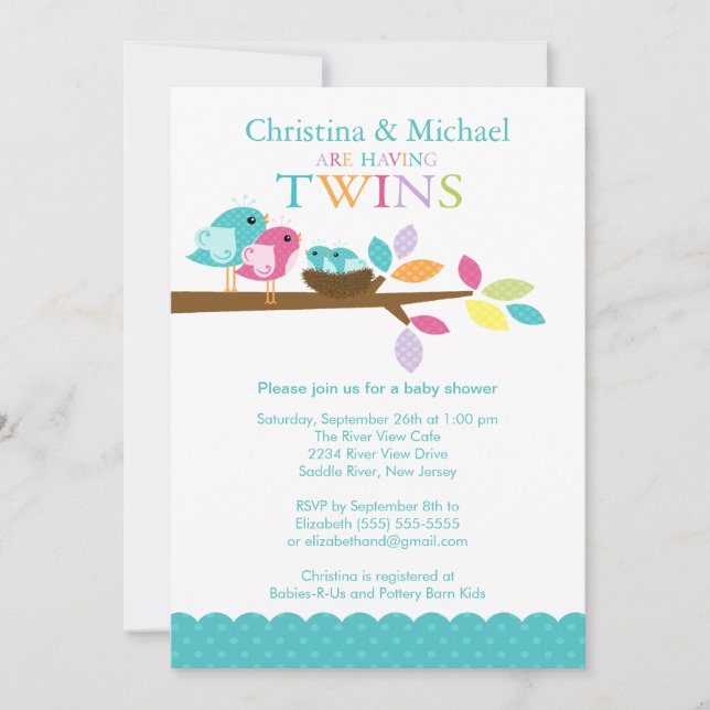 Baby Birds Nest Twins Baby Shower Invitations (Front)