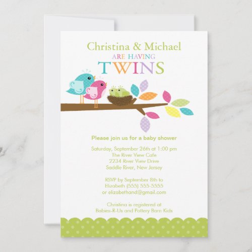 Baby Birds Nest Twins Baby Shower Invitations
