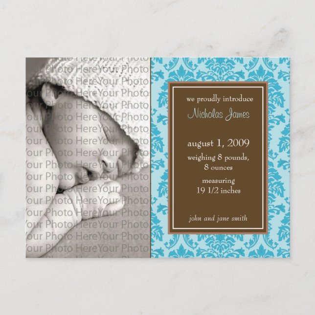 Baby Birth Announcement Baroque Vintage Blue (Front)