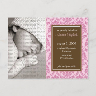 Baby Birth Announcement Baroque Vintage Pink Postcard
