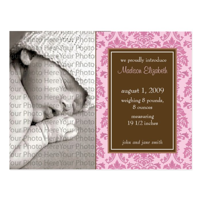 Baby Birth Announcement Baroque Vintage Pink Post Card