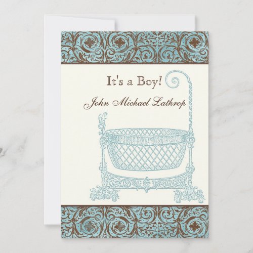 Baby Birth Announcement _ Blue Brown Damask Cradle
