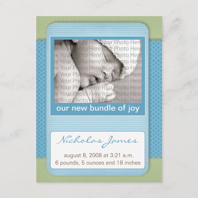 Baby Birth Announcement Blue Polka Dots (Front)