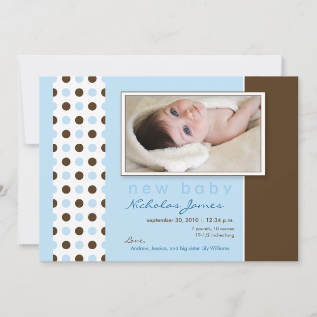 Baby Birth Announcement Blue Polka Dots (Front)