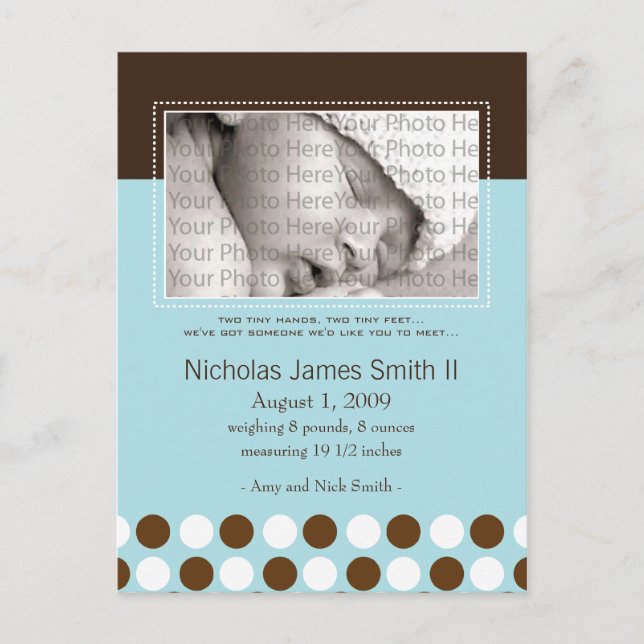 Baby Birth Announcement Blue with Chocolate Dots (Front)