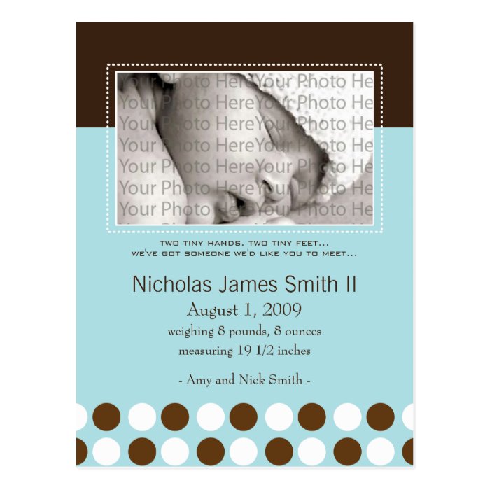 Baby Birth Announcement Blue with Chocolate Dots Postcards