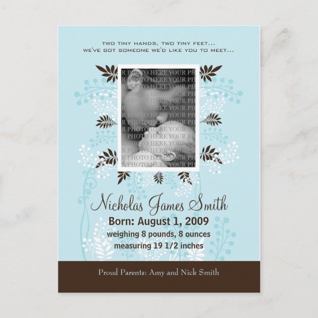 Baby Birth Announcement Blue with Cocoa Fern (Front)