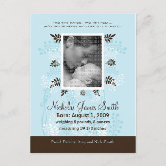 Baby Birth Announcement Blue with Cocoa Fern Postcard
