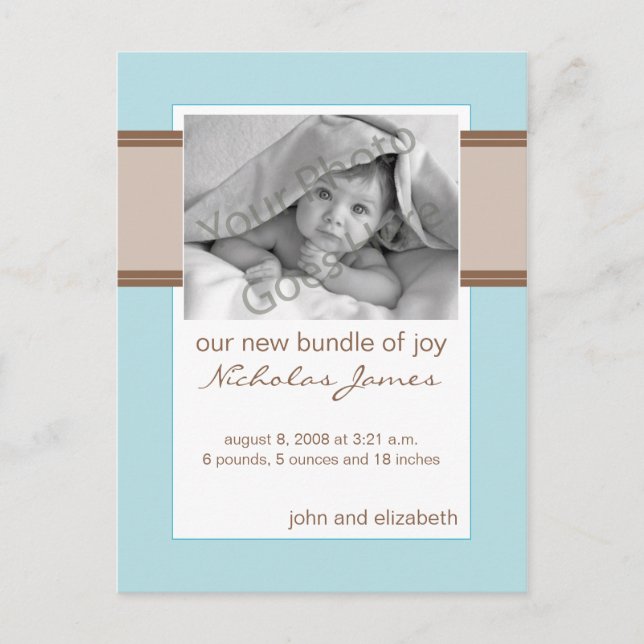 Baby Birth Announcement Brown and Blue (Front)