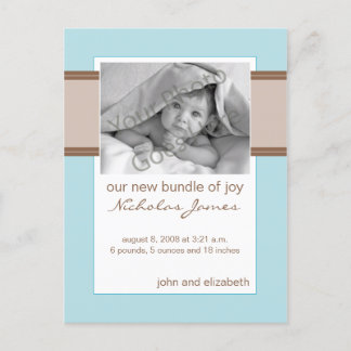 Baby Birth Announcement Brown and Blue Postcard