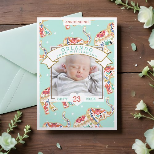 Baby Birth Announcement Card _ Decorative Elephant