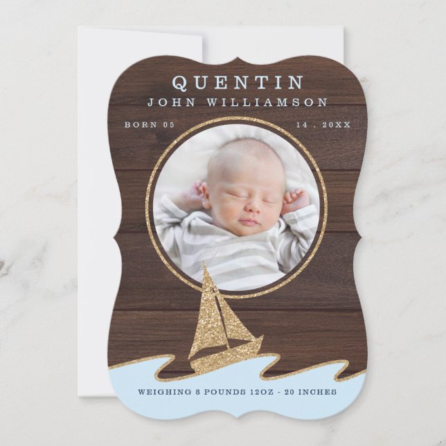 Baby Birth Announcement Card - Nautical Sail Boat (Front)