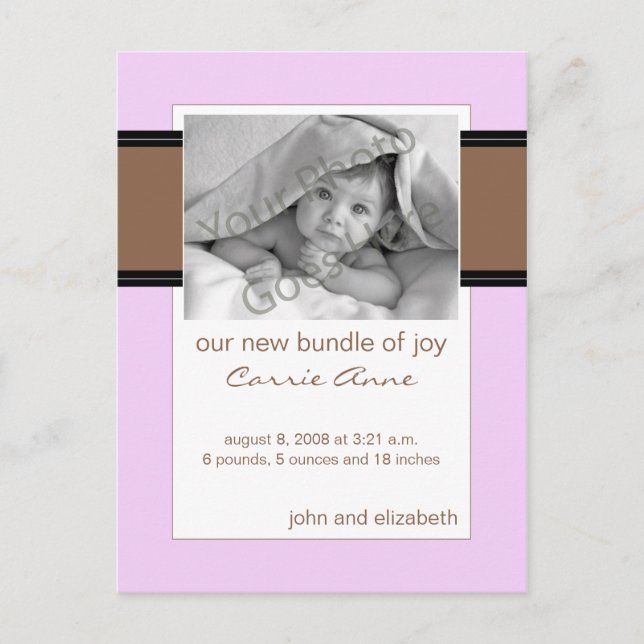 Baby Birth Announcement Chocolate Brown and Pink (Front)