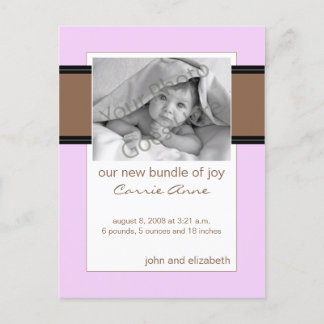 Baby Birth Announcement Chocolate Brown and Pink Postcard