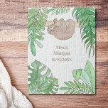 Baby Birth Announcement Cute Sloth Jungle Leaves Jigsaw Puzzle<br><div class="desc">A cute and sweet way to announce baby's birth.
This jigsaw is decorated with watercolor jungle leaves and a smiling baby sloth.
Original Watercolor © Michele Davies.</div>