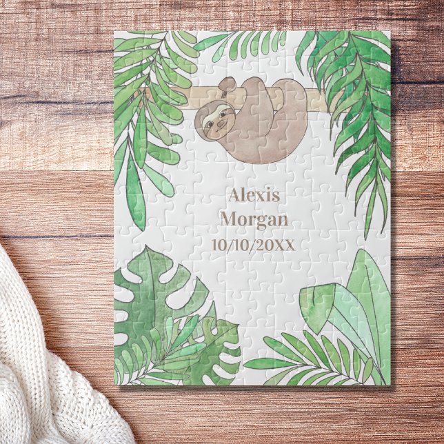 Baby Birth Announcement Cute Sloth Jungle Leaves Jigsaw Puzzle (Creator Uploaded)