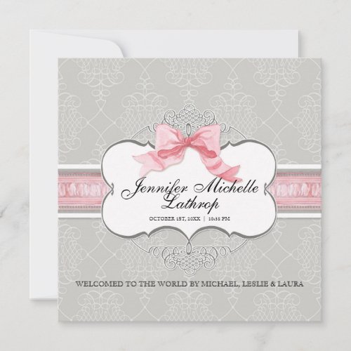 Baby Birth Announcement _ French Bow Damask Swirl