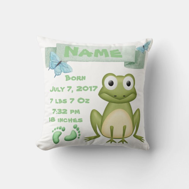 Baby Birth Announcement Frog Pillow (Front)