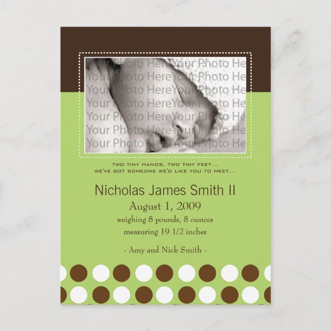 Baby Birth Announcement Green with Chocolate Dots (Front)