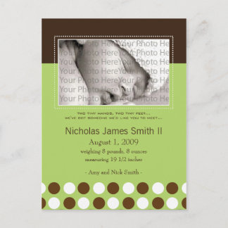 Baby Birth Announcement Green with Chocolate Dots Postcard