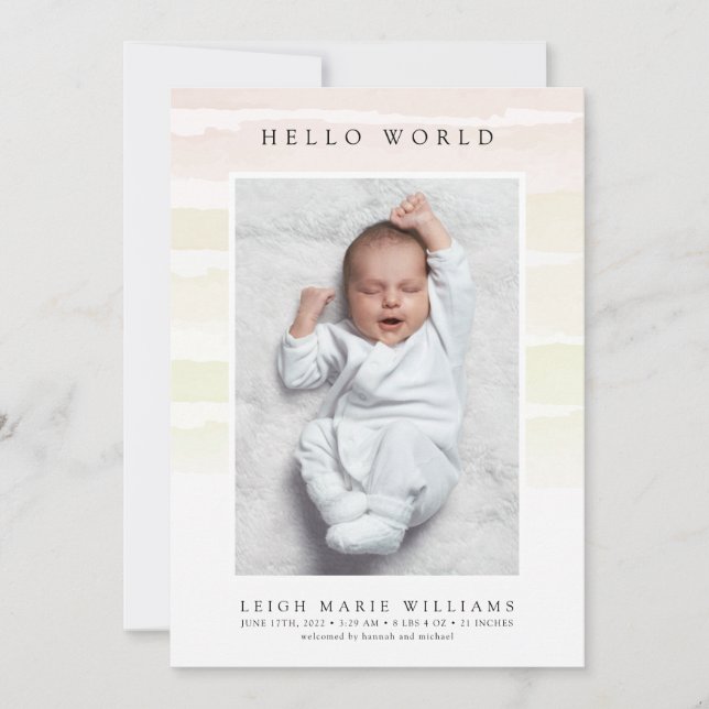 BABY BIRTH ANNOUNCEMENT Hello Watercolor Stripes (Front)