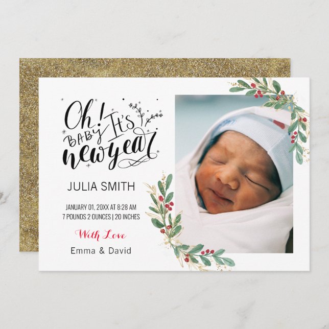 Baby Birth Announcement Photo Card Elegant Floral  (Front/Back)