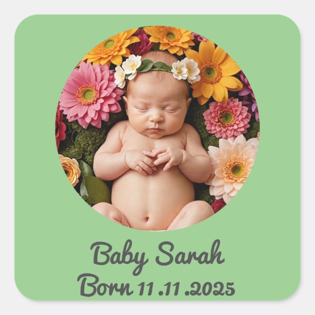 baby birth announcement photo name custom green  square sticker (Front)