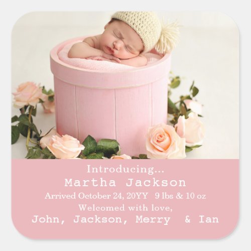 Baby Birth Announcement Photo Pink Girl Square  Square Sticker