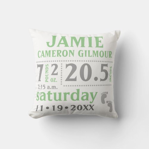 Baby Birth Announcement Pillow Green Photo