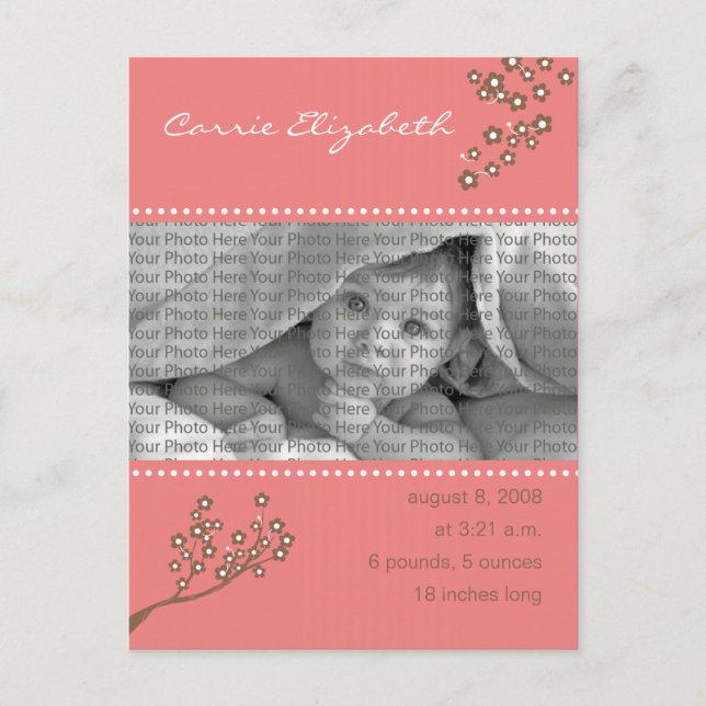 Baby Birth Announcement Pink Branch Design (Front)