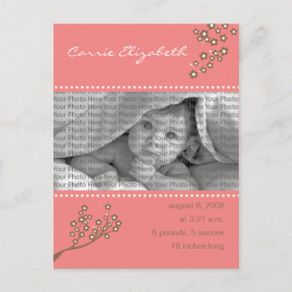 Baby Birth Announcement Pink Branch Design Postcard