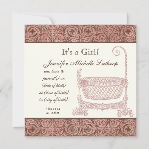 Baby Birth Announcement _ Pink Brown Damask Cradle