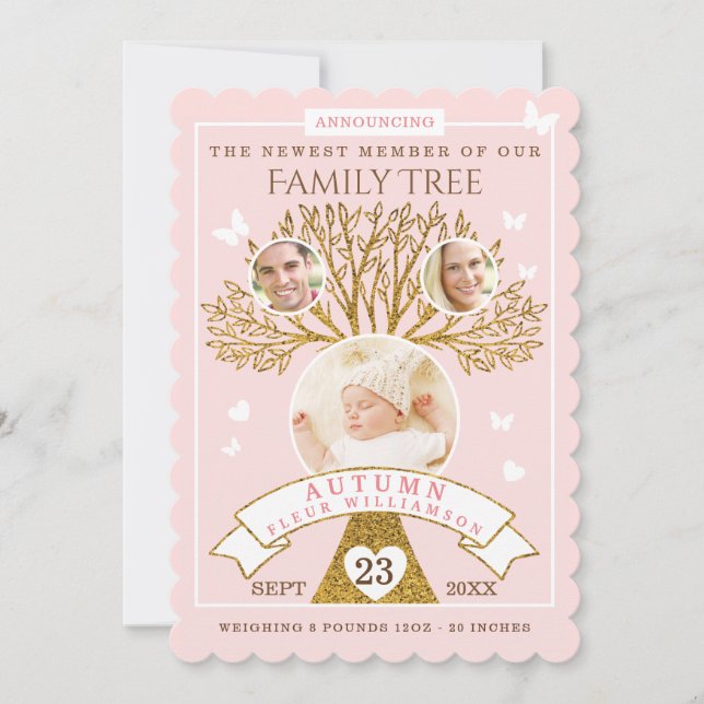 Baby Birth Announcement | Pink & Gold Family Tree (Front)