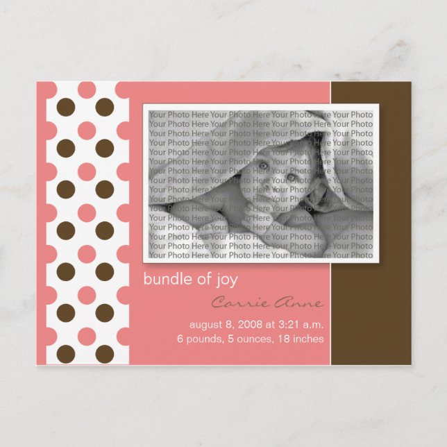 Baby Birth Announcement Pink Polka dots (Front)