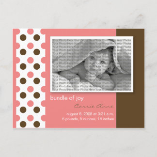 Baby Birth Announcement Pink Polka dots Postcard