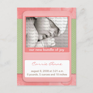 Baby Birth Announcement Pink Polka Dots Postcard
