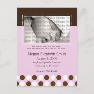 Baby Birth Announcement Pink with Chocolate Dots