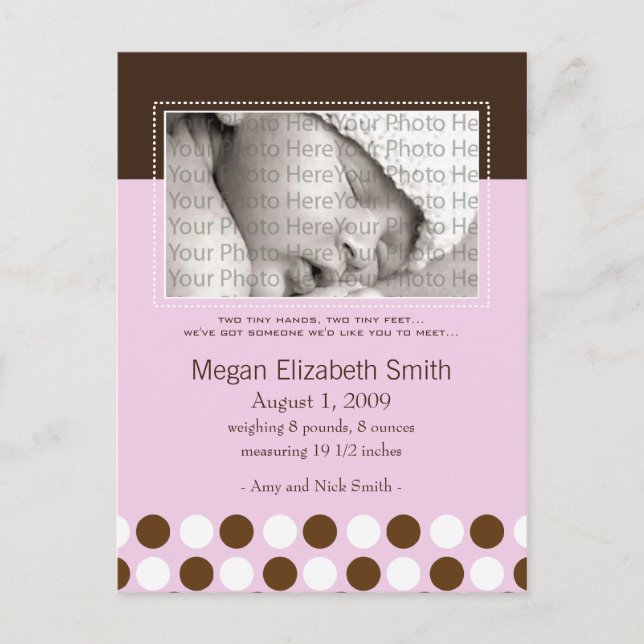 Baby Birth Announcement Pink with Chocolate Dots (Front)