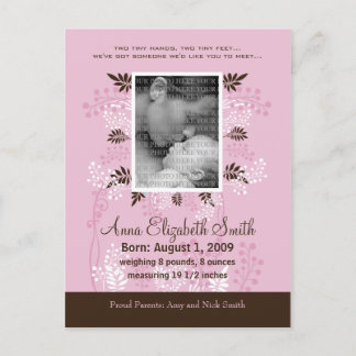 Baby Birth Announcement Pink with Cocoa Fern