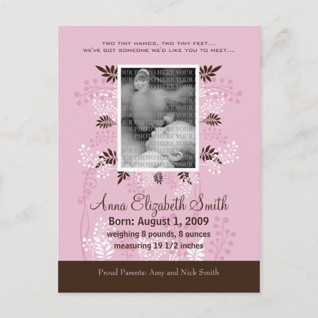 Baby Birth Announcement Pink with Cocoa Fern (Front)