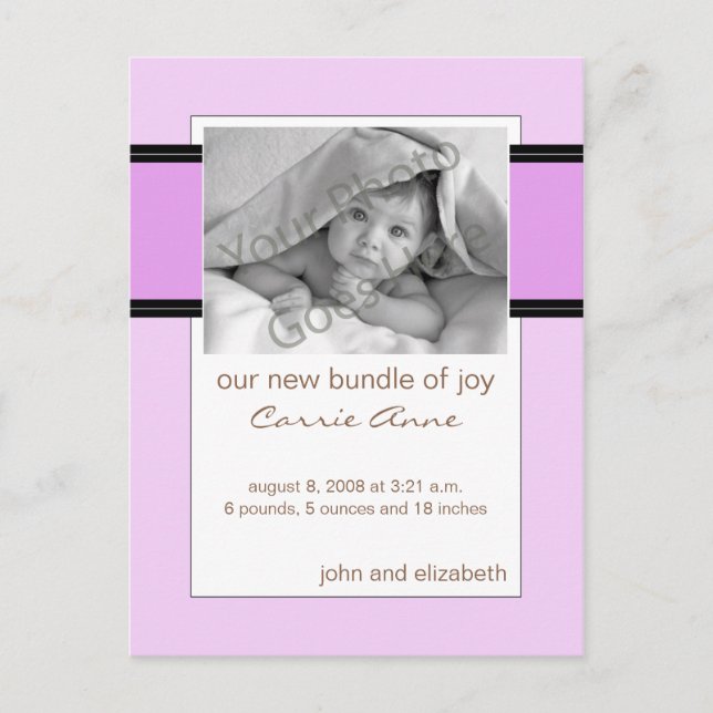 Baby Birth Announcement Purple and Black (Front)