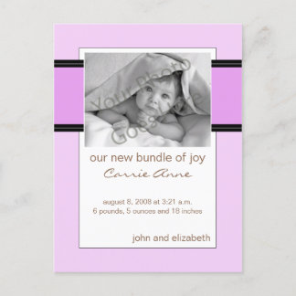Baby Birth Announcement Purple and Black Postcard