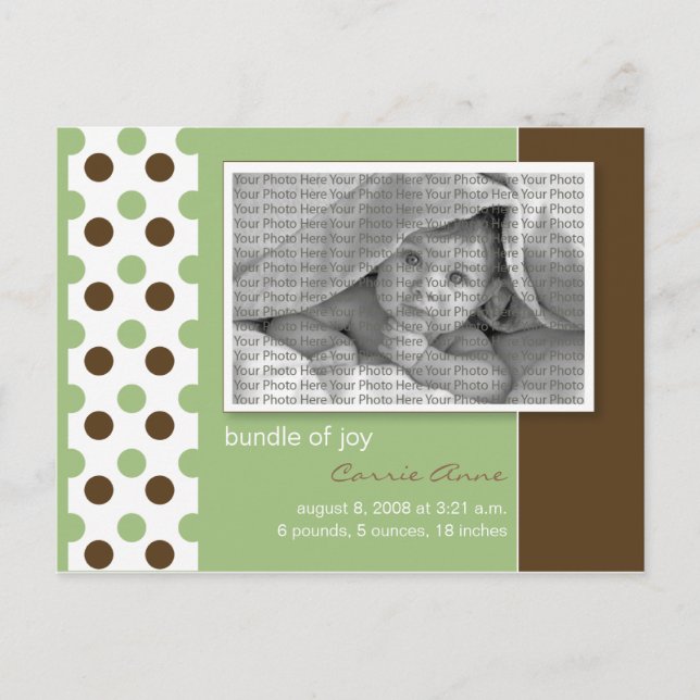 Baby Birth Announcement Sage Green Polka Dots (Front)