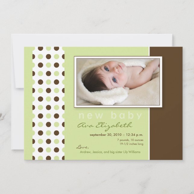 Baby Birth Announcement Sage Green Polka Dots (Front)