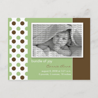 Baby Birth Announcement Sage Green Polka Dots Postcard