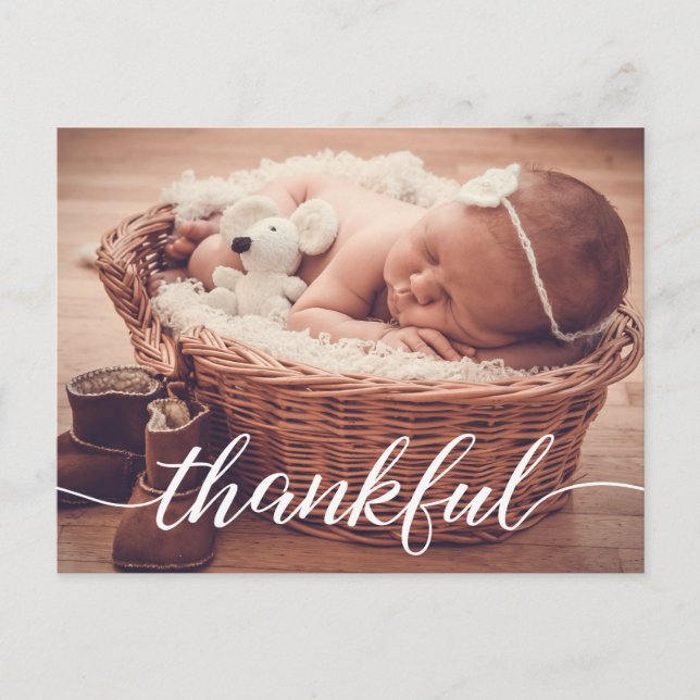 Baby Birth Announcement, Thankful, Custom photo Announcement Postcard (Front)