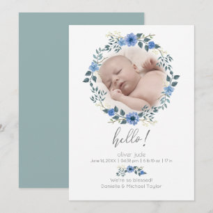 Baby Birth Announcement Watercolor Blue Floral