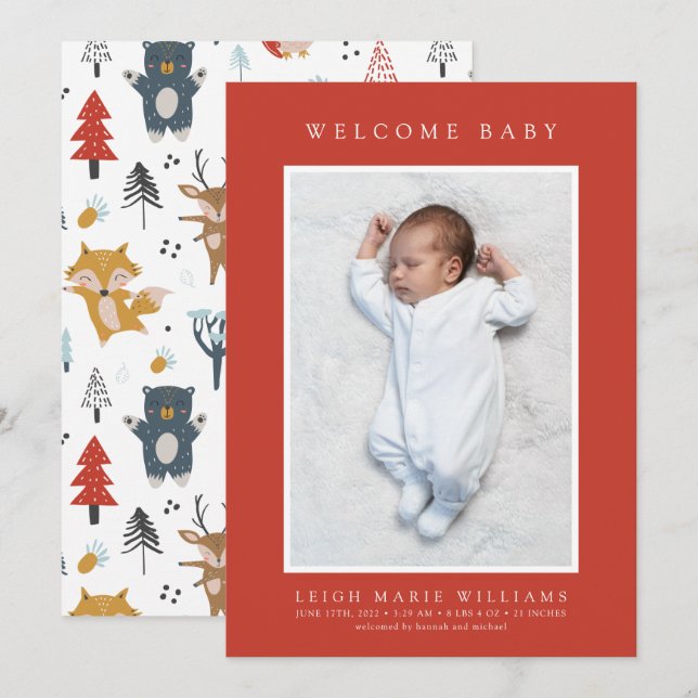 BABY BIRTH ANNOUNCEMENT Woodland Animals (Front/Back)