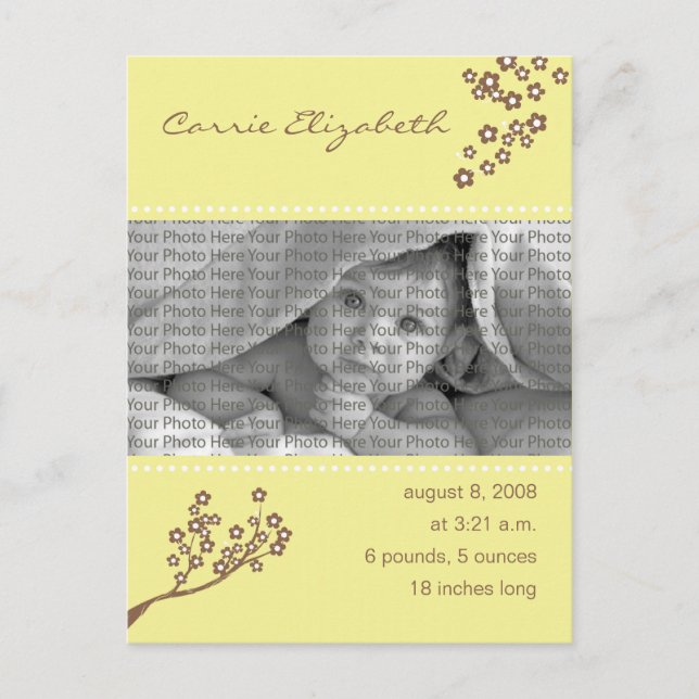 Baby Birth Announcement Yellow Branch Design (Front)